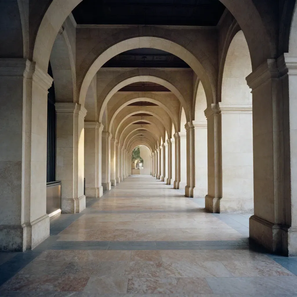 Sunlit limestone arcade with arches and a distant metal plinth, calm stone floor for copy.