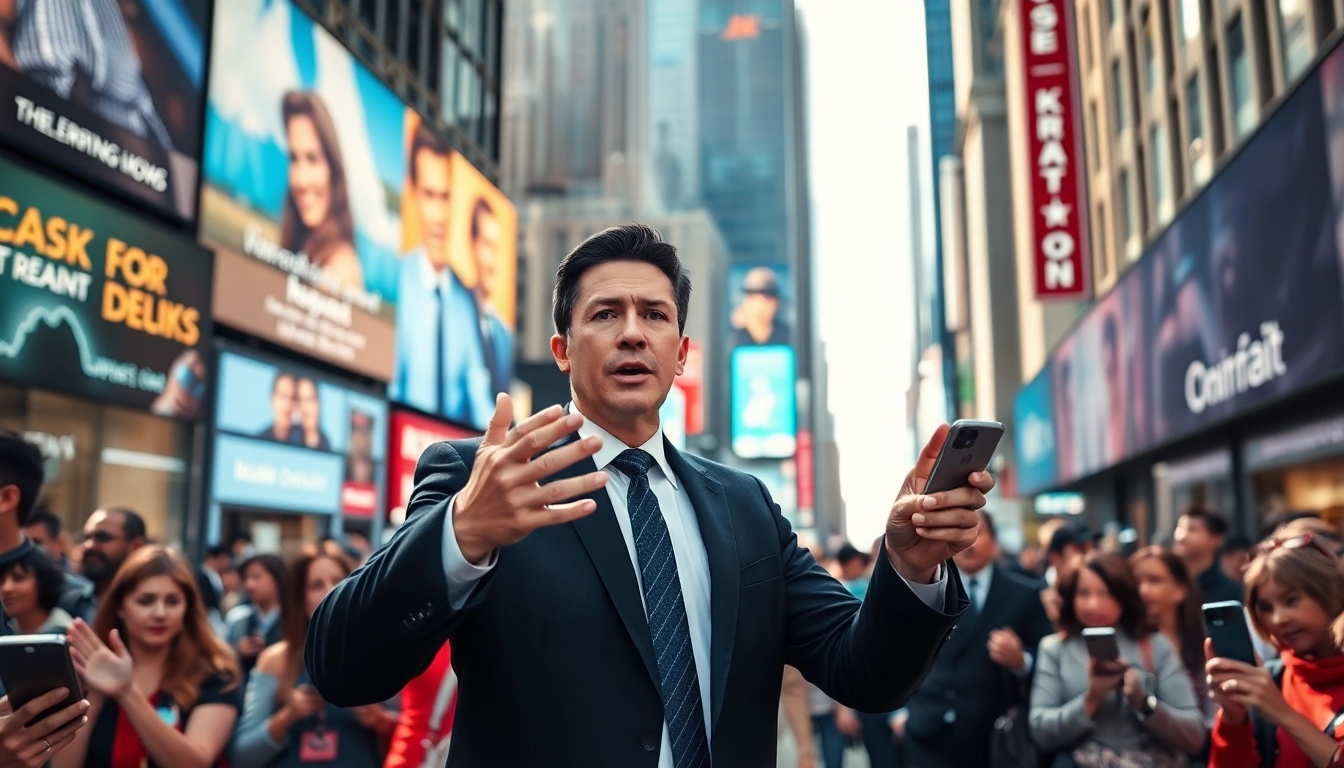 Engaging news reporter delivers breaking news in a vibrant city setting.