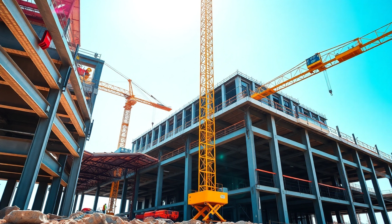 Workers engaged in structural steel construction at a dynamic building site.