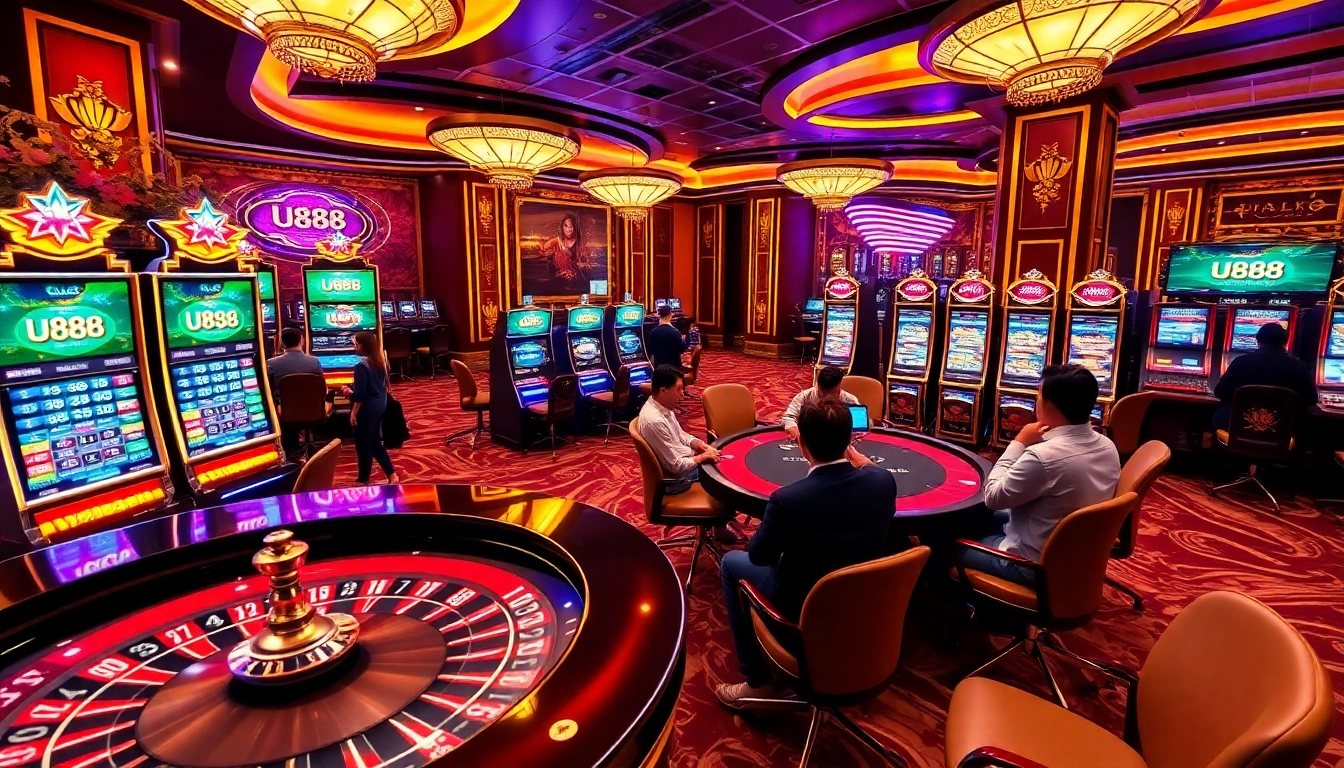 Exciting U888 gambling scene featuring a vibrant casino atmosphere with roulette and slot machines.