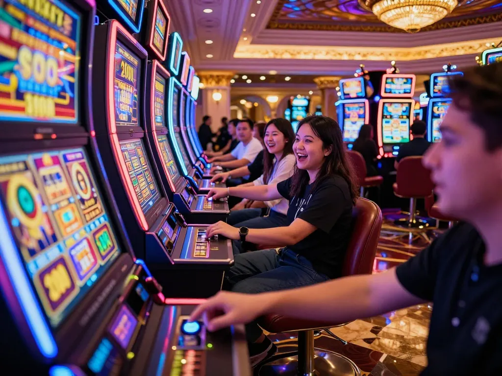 Players thrillingly engaging in a slot bet 200 on high-stakes machines in a luxurious casino.