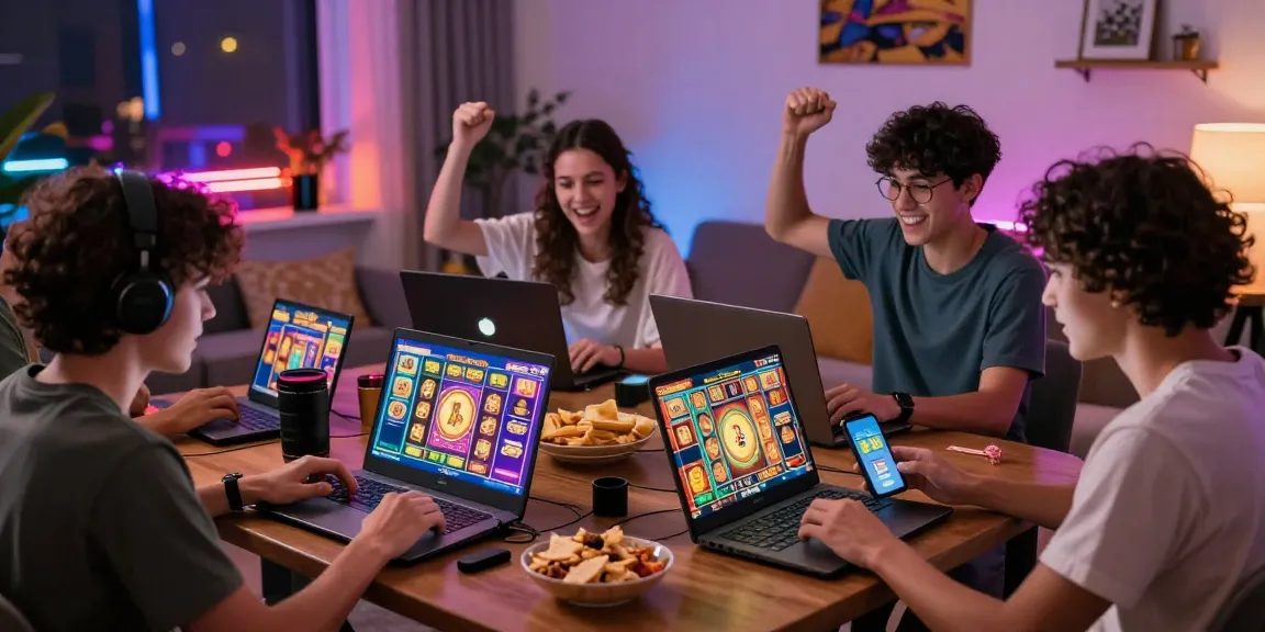 Pengguna cipung138 merayakan kemenangan saat bermain slot online, dikelilingi oleh teman-teman dan suasana yang ceria.