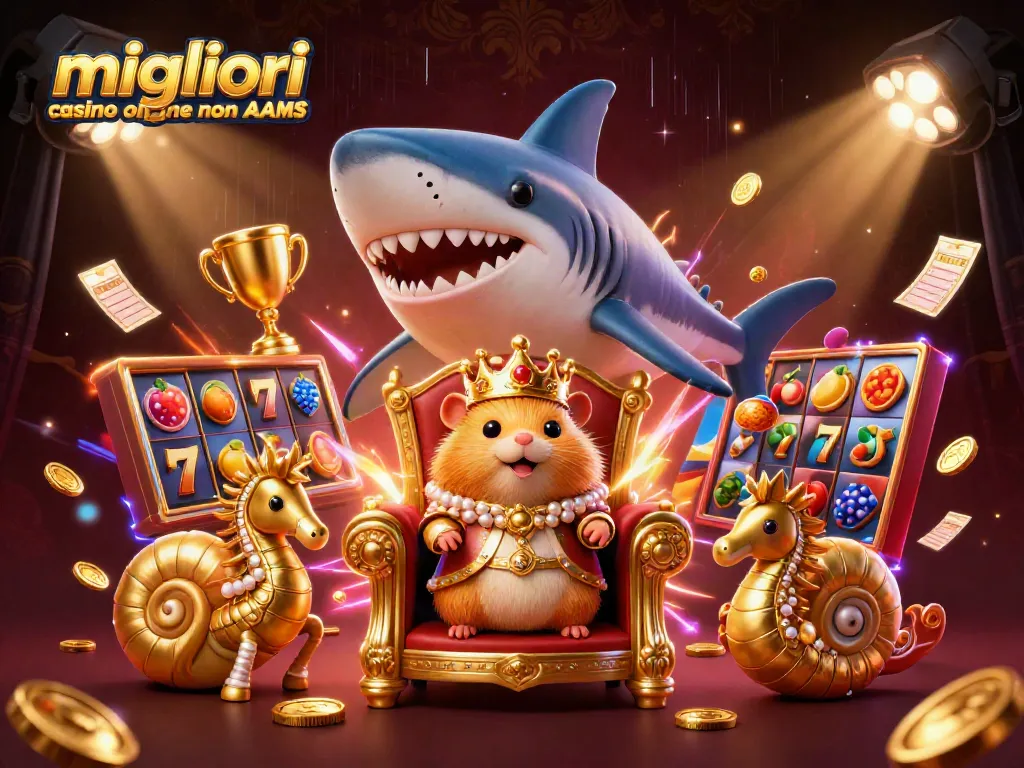 Immagine dei migliori casino online non AAMS con il mini re criceto d'oro e slot machine dinamiche.