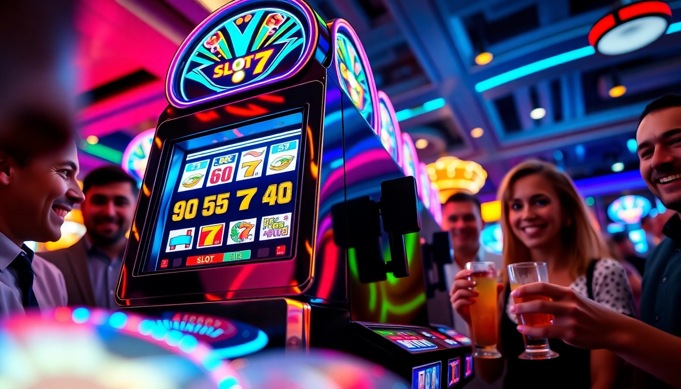 Permainan Slot77 menggembirakan dengan pemain senang di kasino berwarna-warni.