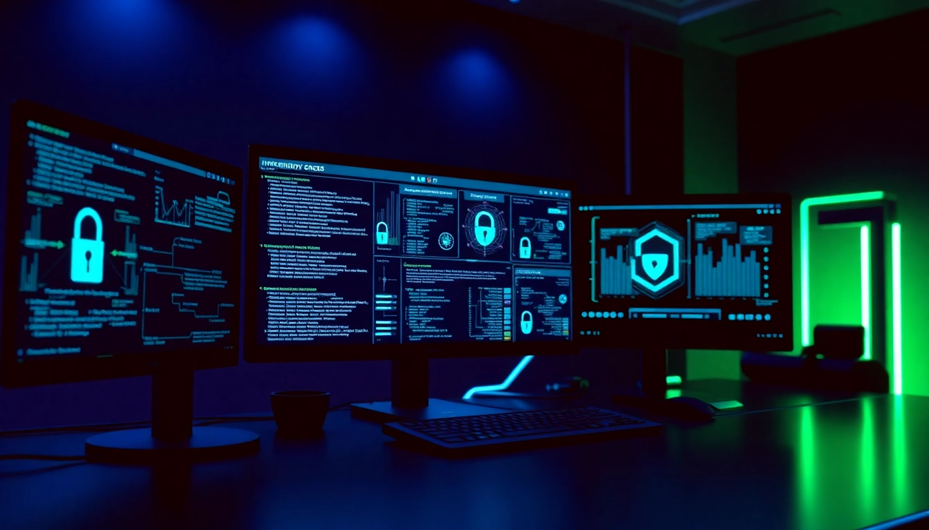 Cybersecurity AI workspace with futuristic tech, showcasing algorithms and security elements.