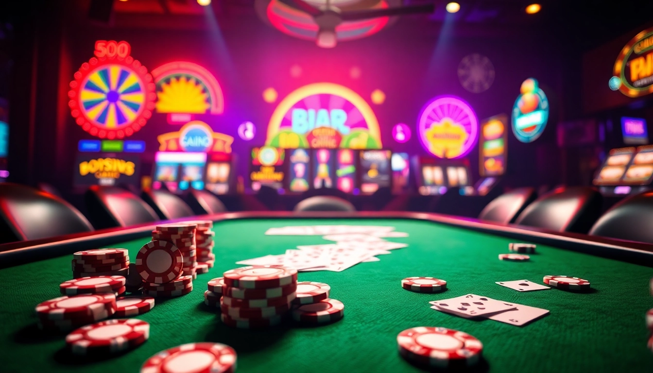 Menampilkan pgbet link dengan suasana kasino yang hidup, kartu dan chip poker di meja hijau.