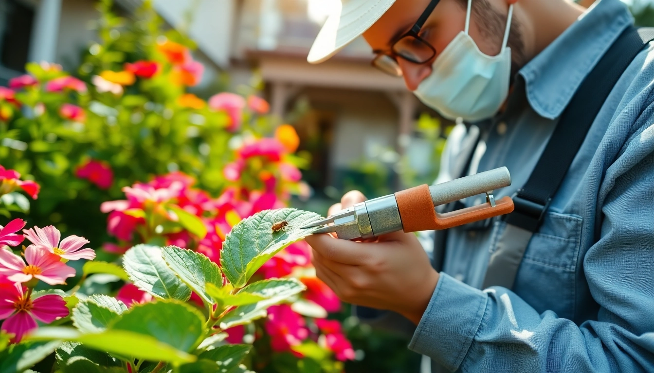 Nearby bug control company technician inspecting plants for pest issues.