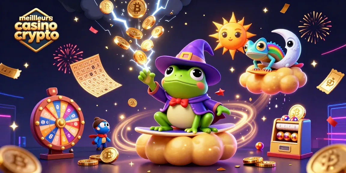 Plongée dans l'univers des meilleurs casinos crypto avec un magicien grenouille et un caméléon surfant sur des nuages d'or.