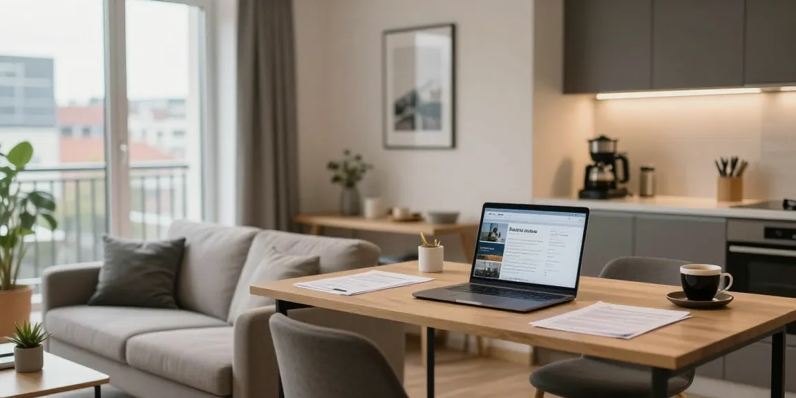 Monteurwohnung Hannover mit gemütlichem Wohnbereich und funktionellem Arbeitsplatz.