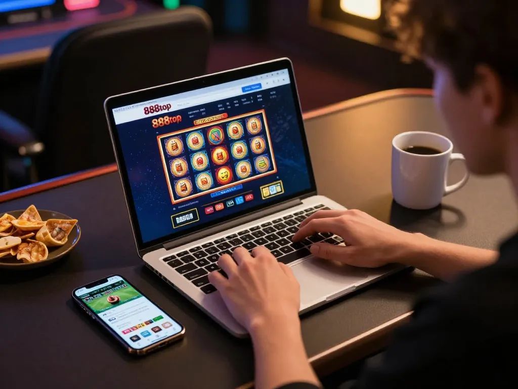 Player engaging with 888top casino games on laptop while enjoying a cozy setting