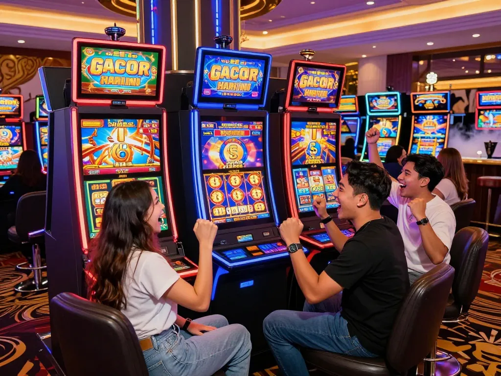 Teman-teman merayakan kemenangan besar di mesin slot, menunjukkan pengalaman slot gacor hari ini yang meriah.