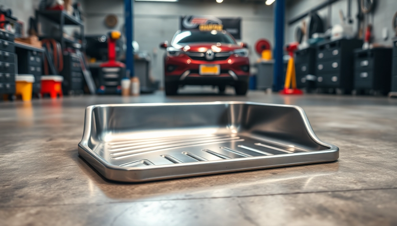 Oil Drain Pan showcased in a professional garage with tools and equipment for automotive care.