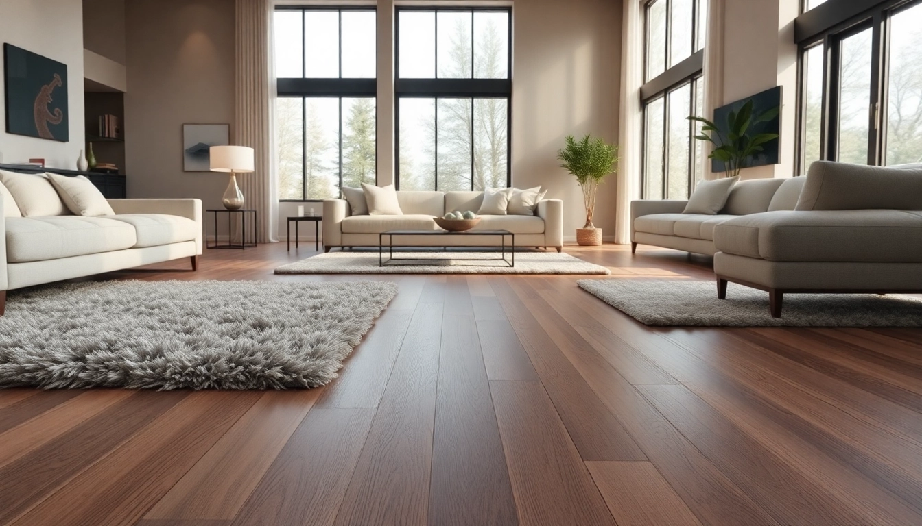 Showcase of luxury vinyl flooring in a modern living room, highlighting textures and natural light.