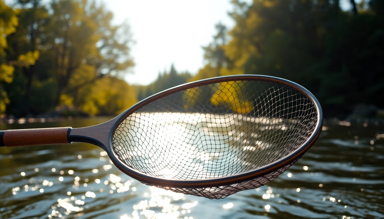 Experience the beauty of a Fly fishing net against a serene river, showcasing its intricate design and craftsmanship.
