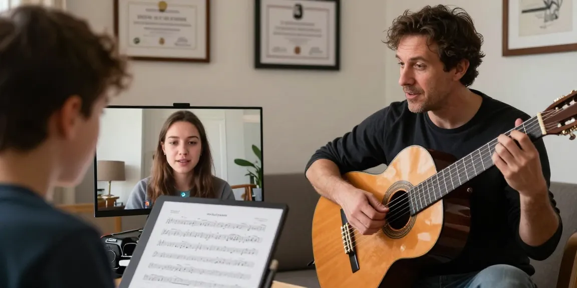 Engaging classical guitar teacher online conducting a lesson with a student, showcasing personalized instruction.