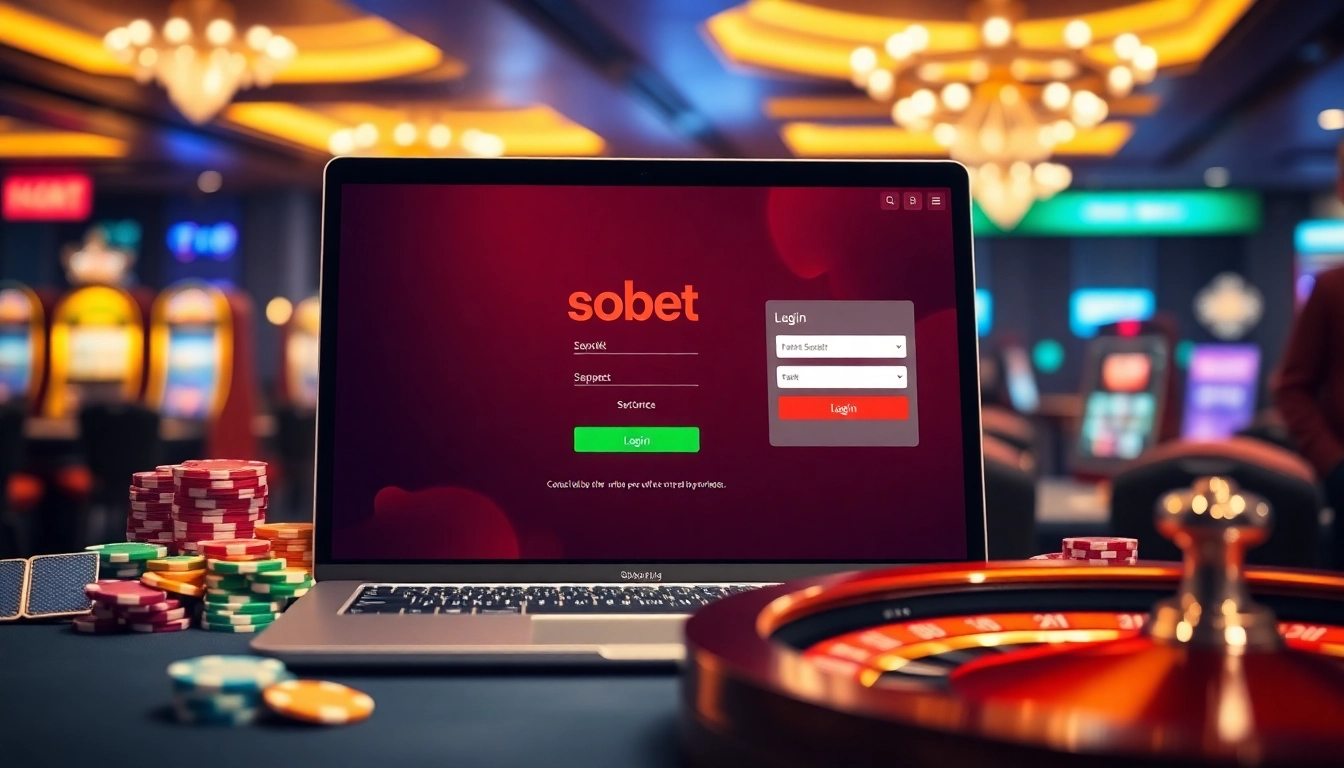 Experience sbobet login terbaru on an enticing online gambling interface surrounded by vibrant casino elements.