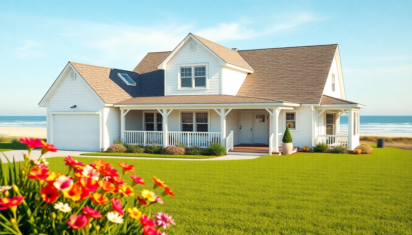 Elegant cape cod home with attached garage and coastal landscape in a sunny setting.
