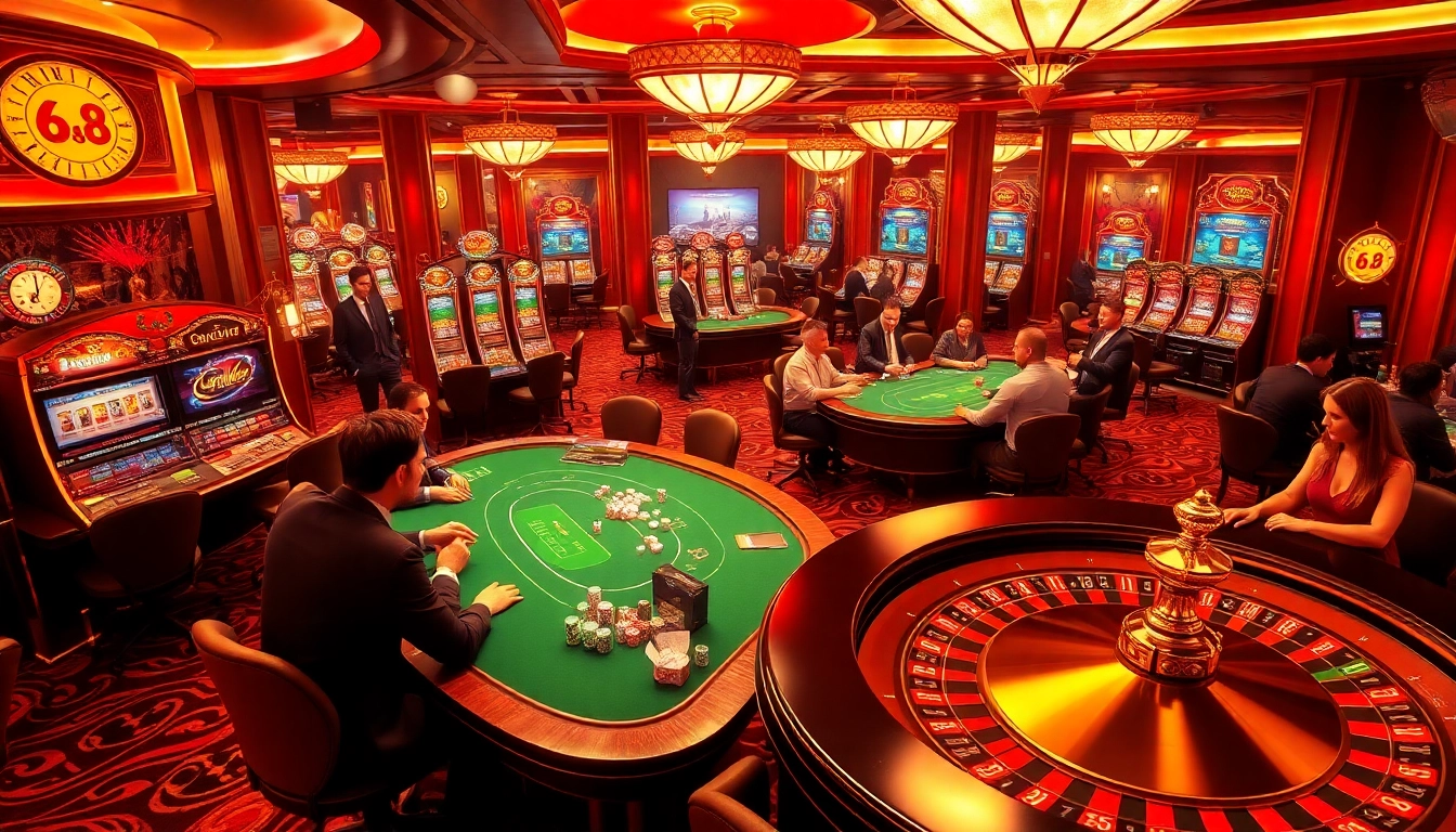 Gamblers enjoying excitement at gg88 casino poker tables amid colorful slot machines.