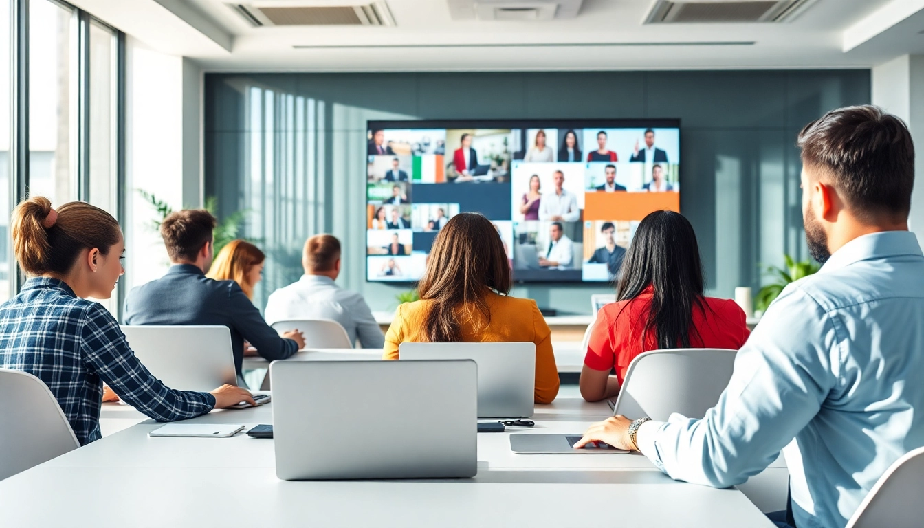 Showcasing video translation professionals working collaboratively in a modern office.