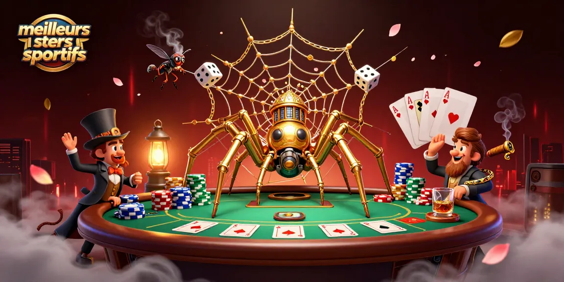 Découvrez les meilleurs sites de paris sportifs avec une illustration dynamique mettant en scène une araignée steampunk et un homme mouché amusé, entouré de jetons et de cartes.