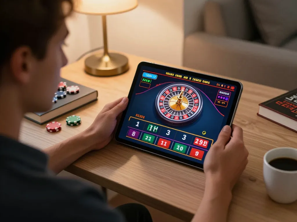 Nohu90 user places bets on virtual roulette while studying strategies in a cozy setting.