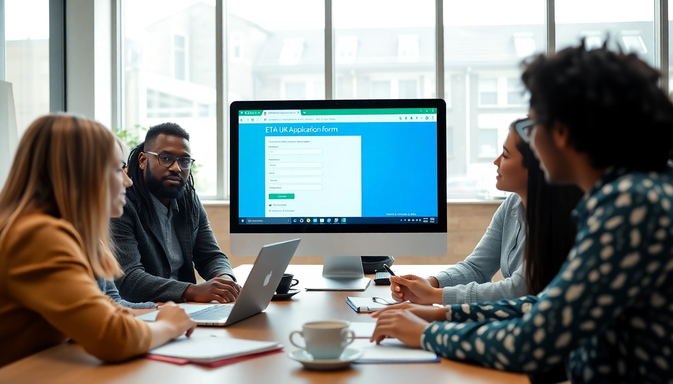 Filling out the eta uk application form on a laptop in a professional office setting.