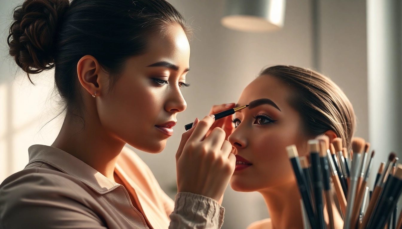 Artist applying an eyebrow pen to model's brows for perfect definition.