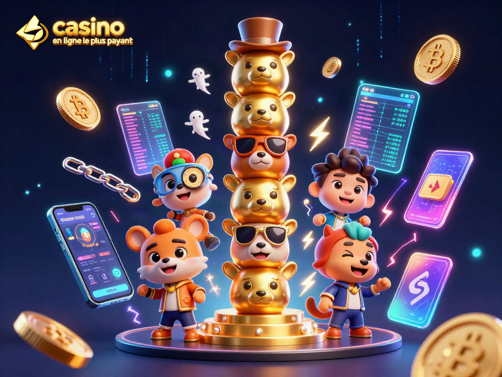 Visualisez le casino en ligne le plus payant avec un totem vibrant et des pièces de crypto-monnaie scintillantes.