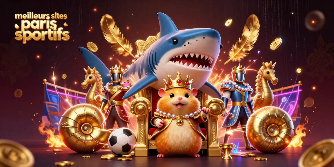 Illustration dynamique des meilleurs sites de paris sportifs, mettant en scène un roi hamster doré sur un trône, entouré de gardes et de ballons de sport.