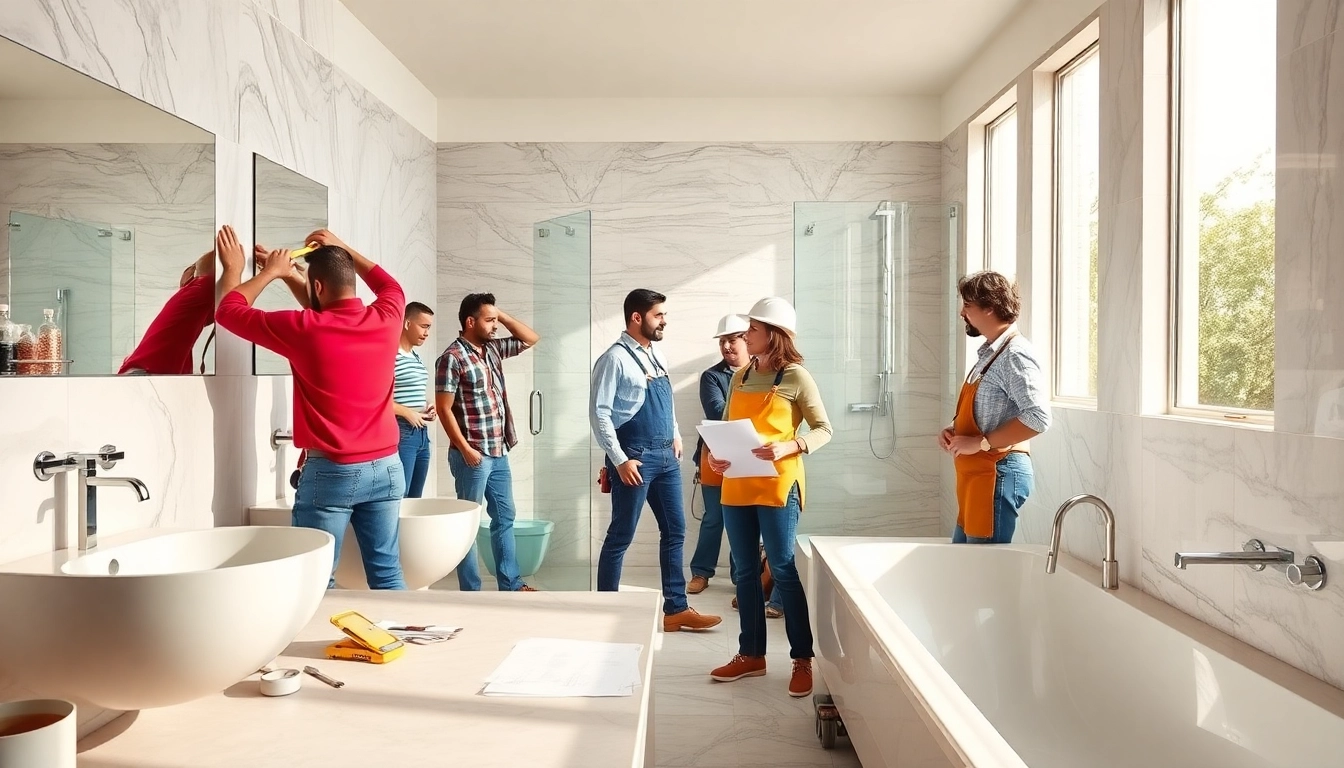 Skilled bathroom contractors near me installing modern fixtures in a stylish bathroom.