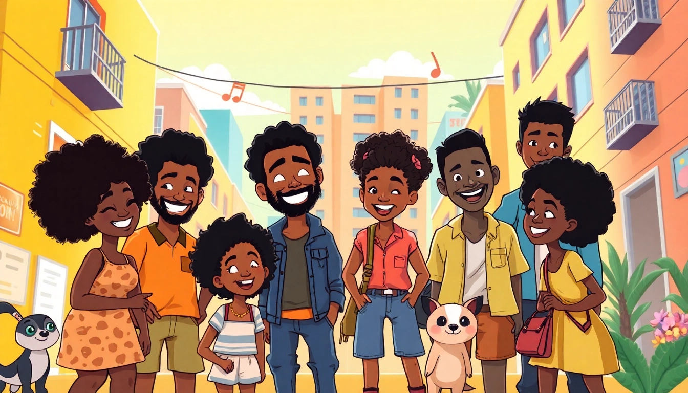 A vibrant scene of African American cartoons celebrating creativity and friendship in an urban environment.