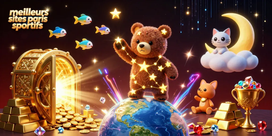 Les meilleurs sites de paris sportifs mettent en valeur un ours constellation cartoon et des pièces d'or scintillantes.