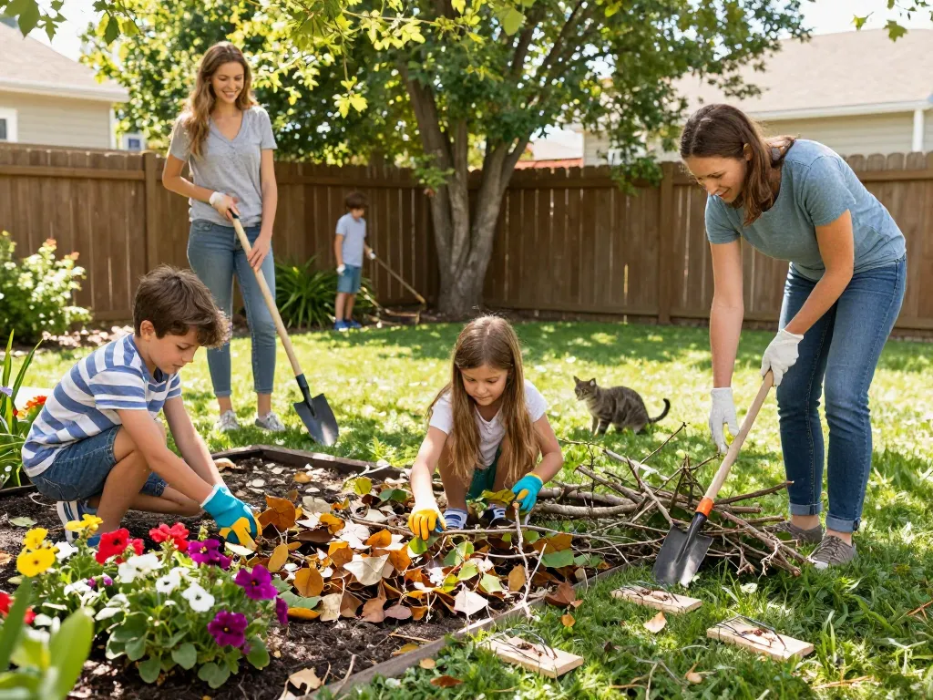 Pest prevention in a backyard with a family cleaning yard debris and setting mouse traps.