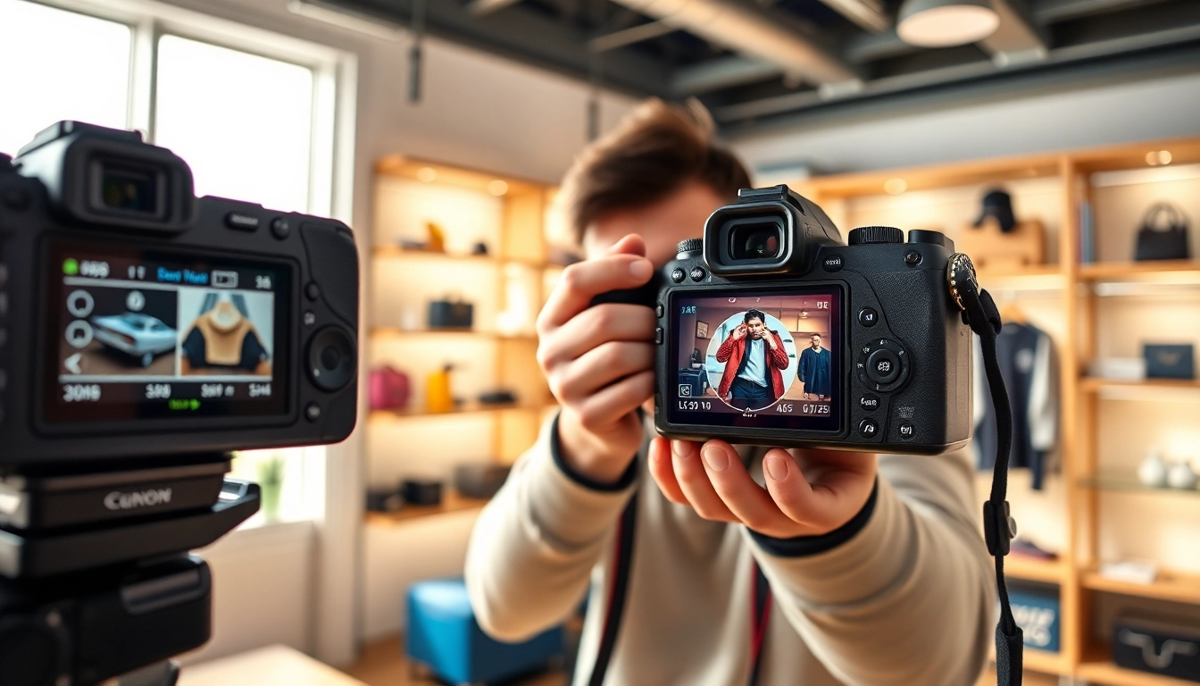 Fotografo ecommerce impegnato nella cattura di immagini di alta qualità in uno studio moderno.
