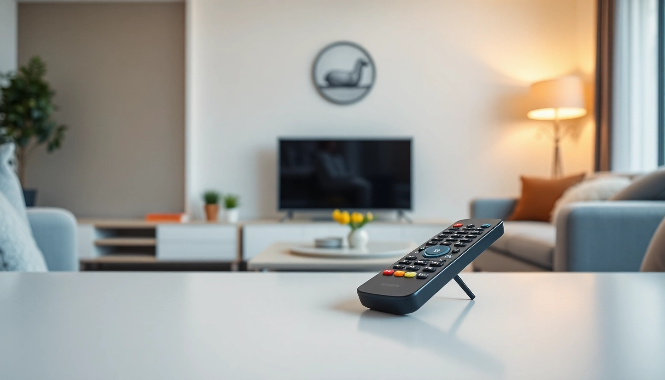 Die Samsung AA59-00582A Fernbedienung zusammen mit einem eleganten Fernseher in einem modernen Wohnzimmer.