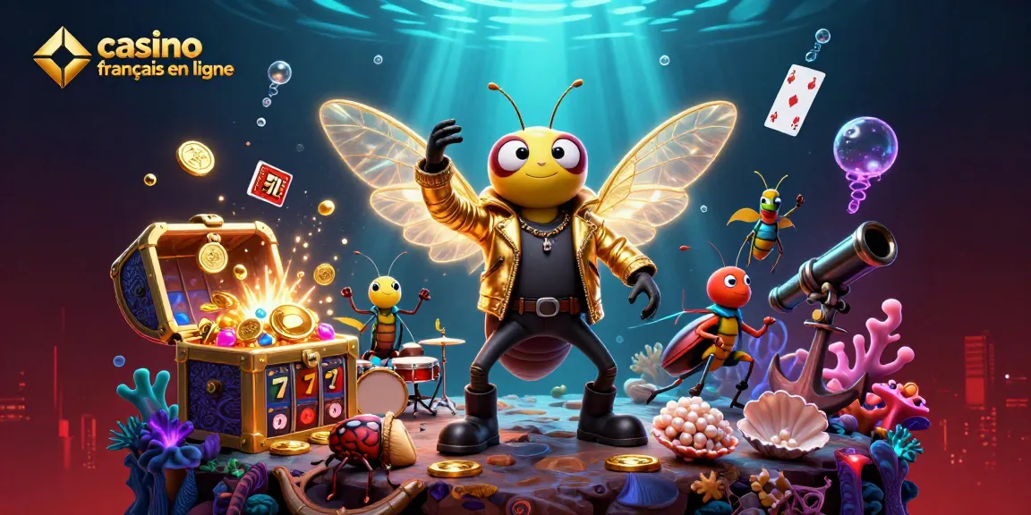 Plongez dans l'univers du casino français en ligne avec cette illustration captivante remplie de rouleaux de machines à sous et d'or.