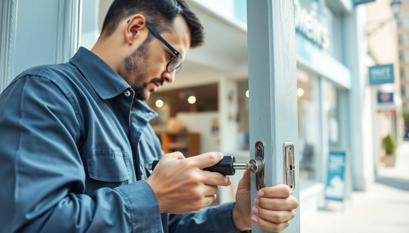 Locksmith near me expertly unlocking a door with essential tools in a friendly urban setting.