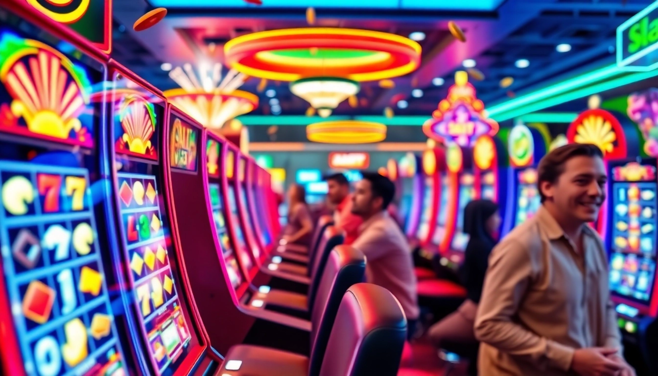 Menampilkan slot depo 1000 dengan mesin slot yang berwarna cerah dan pemain yang bersemangat.