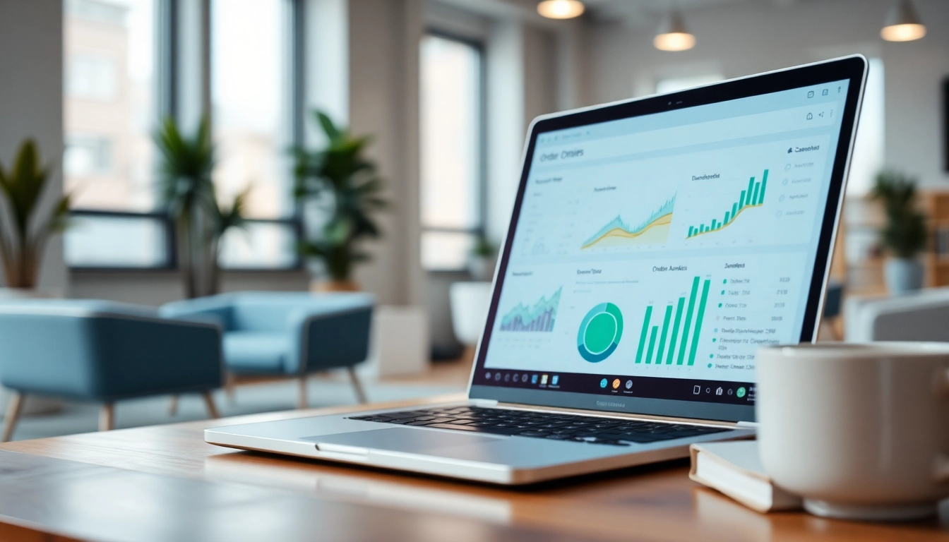 Showcasing order processing software on a laptop interface highlighting analytics in a modern workspace.