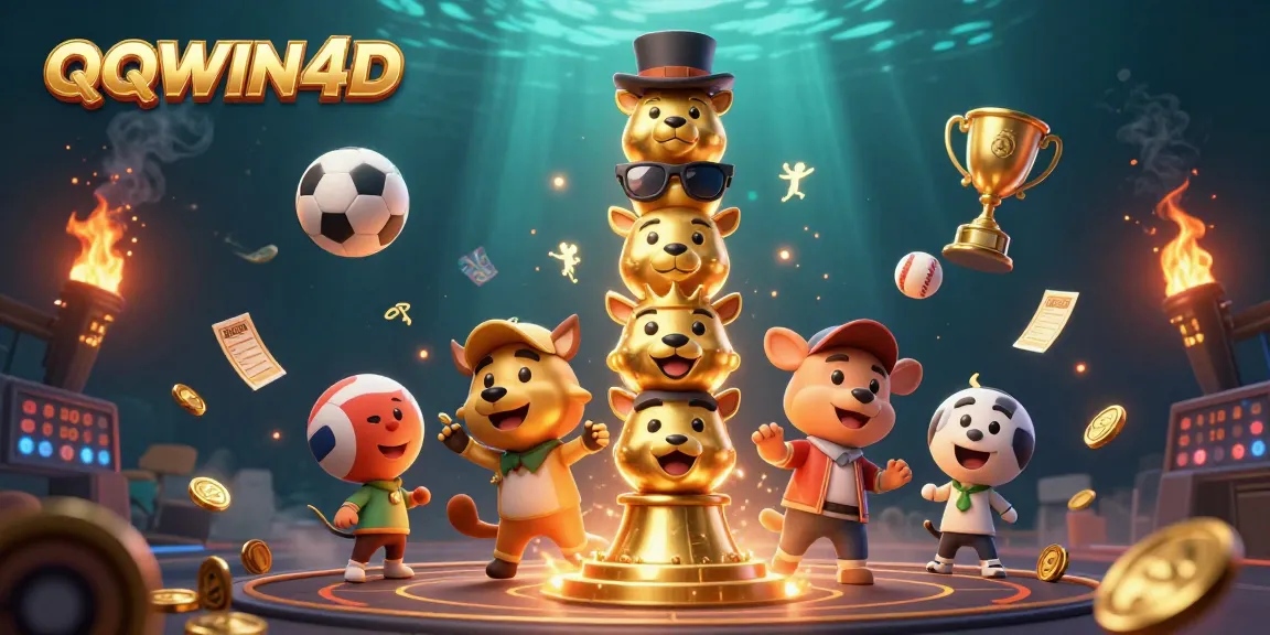 Permainan taruhan QQWIN4D yang menyenangkan dengan simbol kekayaan dan olahraga.