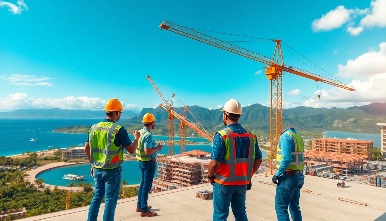 Hawaii construction news highlighting construction workers and building projects on site.