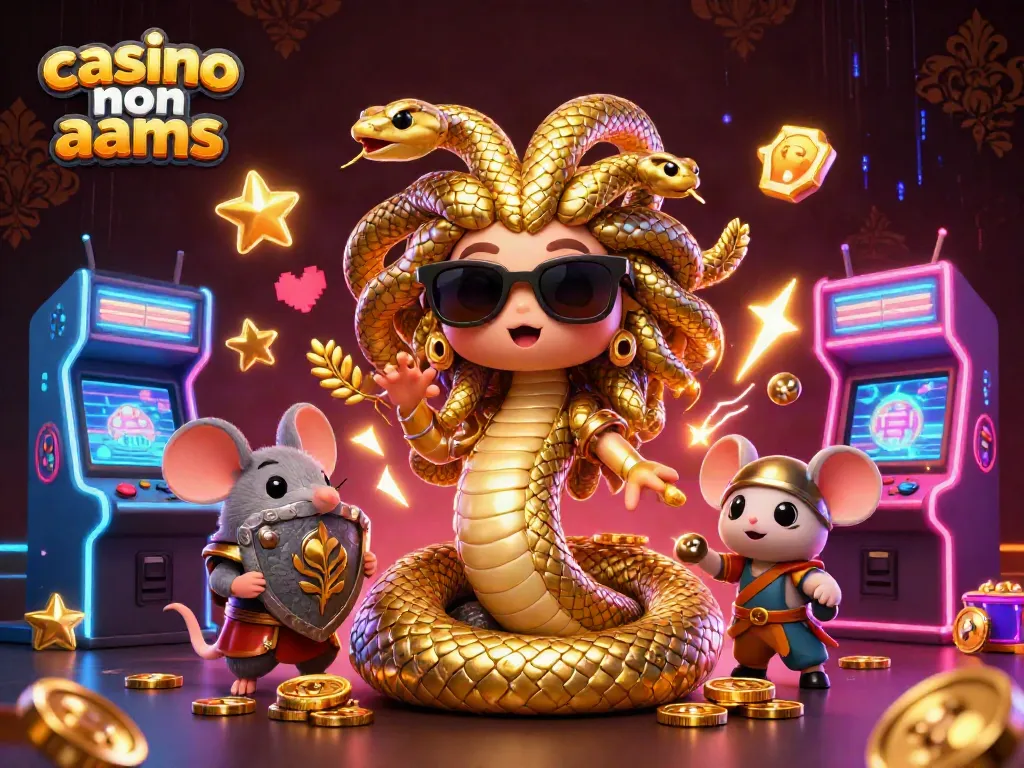 Scopri i migliori casino non AAMS con questa illustrazione animata di Medusa e un topo guerriero in un ambiente di gioco colorato.