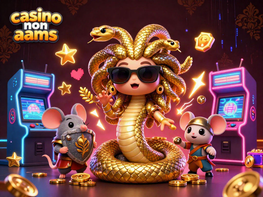 Scopri i migliori casino non AAMS con questa illustrazione animata di Medusa e un topo guerriero in un ambiente di gioco colorato.