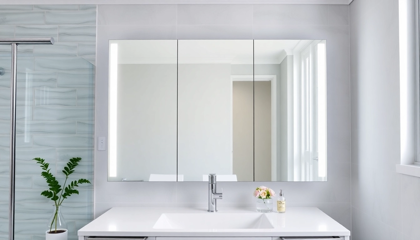 Elegant bathroom cabinet with mirror and light showcasing sophisticated design in a modern bathroom.