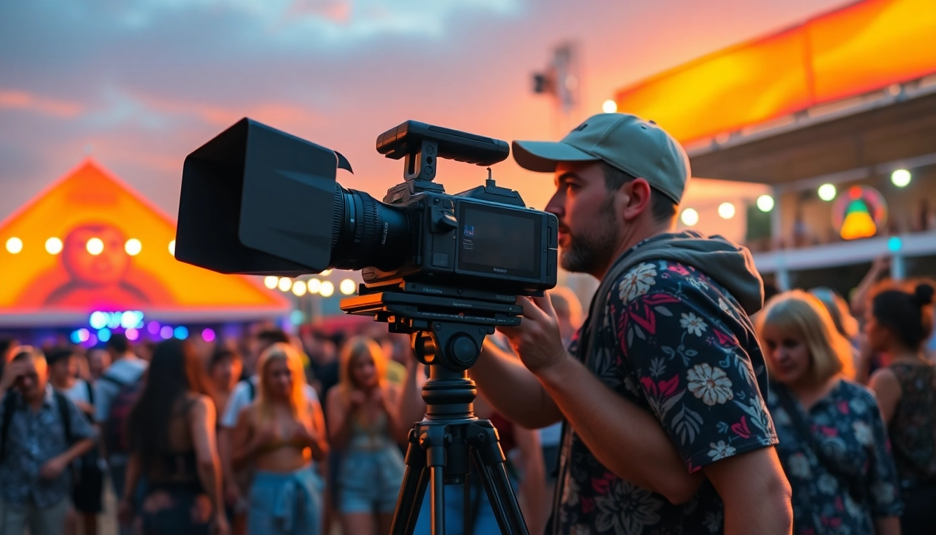 Videographer filming an energetic outdoor event during sunset, showcasing dynamic action and audience engagement.