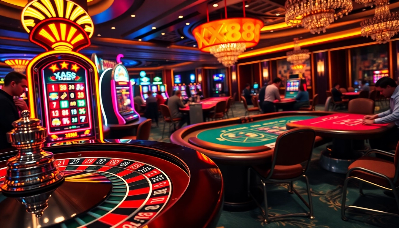 Discover the thrilling atmosphere of Nhà cái XX88, where players bet at a roulette wheel and slot machines.