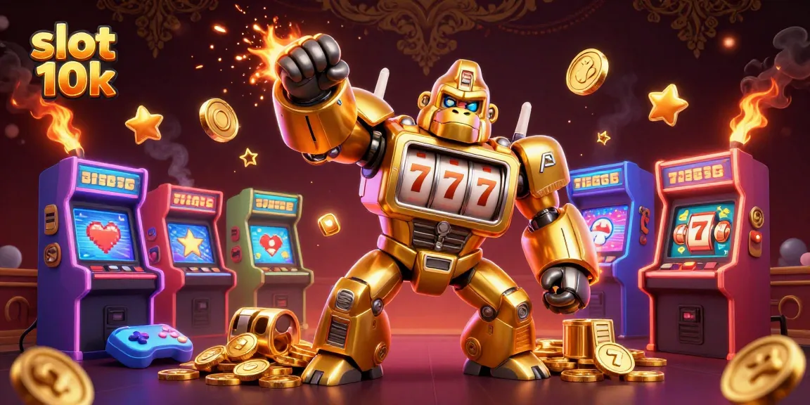 Experience thrilling gameplay in the slot 10k scene with an explosive golden gorilla mech surrounded by colorful casino elements.
