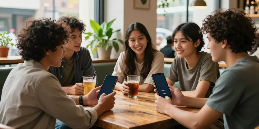 Diverse group enjoying social interaction while exploring rokok88 platform in a trendy lounge.