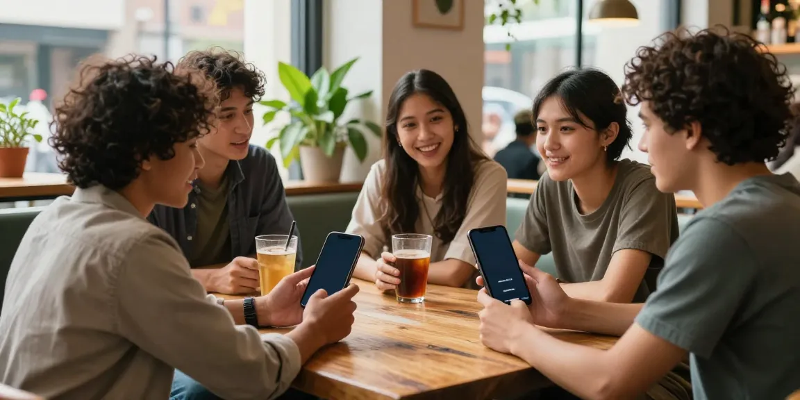 Diverse group enjoying social interaction while exploring rokok88 platform in a trendy lounge.