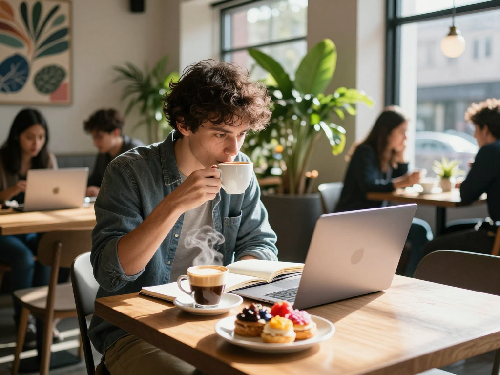 A person at a café planning project ideas related to crush on technology trends, with coffee and notebook on a wooden table.